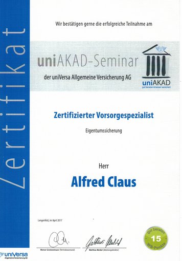 Eigentumssicherung, Alfred Claus, Zertifikat